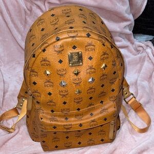 MCM Cognac Logo Visetos Studded Backpack with Gold Hardware